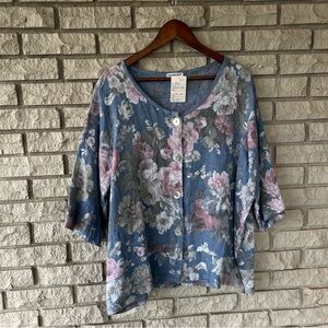 NWT Made In Italy 100% Linen Blue Floral Lagenlook Blouse One Size